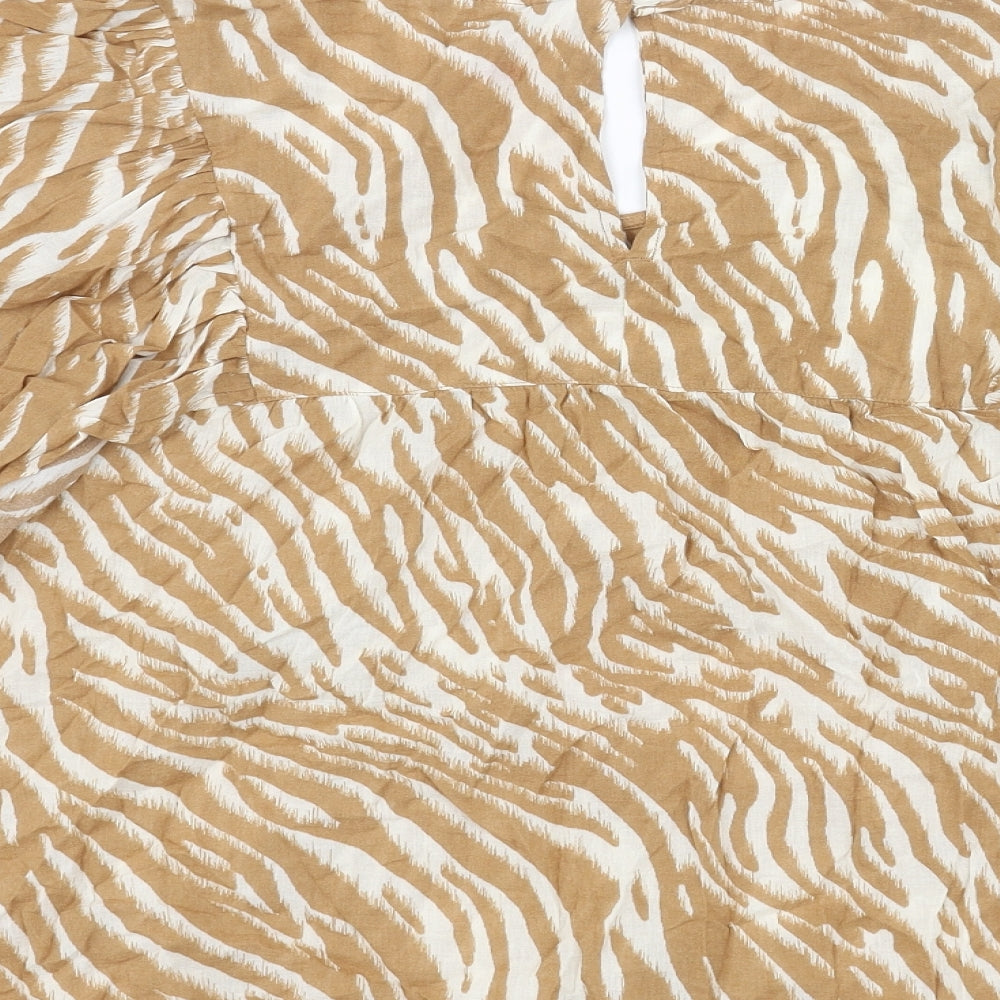 Marks and Spencer Womens Brown Animal Print Cotton Basic Blouse Size 20 Round Neck - Tiger Print Frill