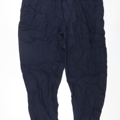 Marks and Spencer Womens Blue Linen Trousers Size 20 L30 in Regular Zip - Belted