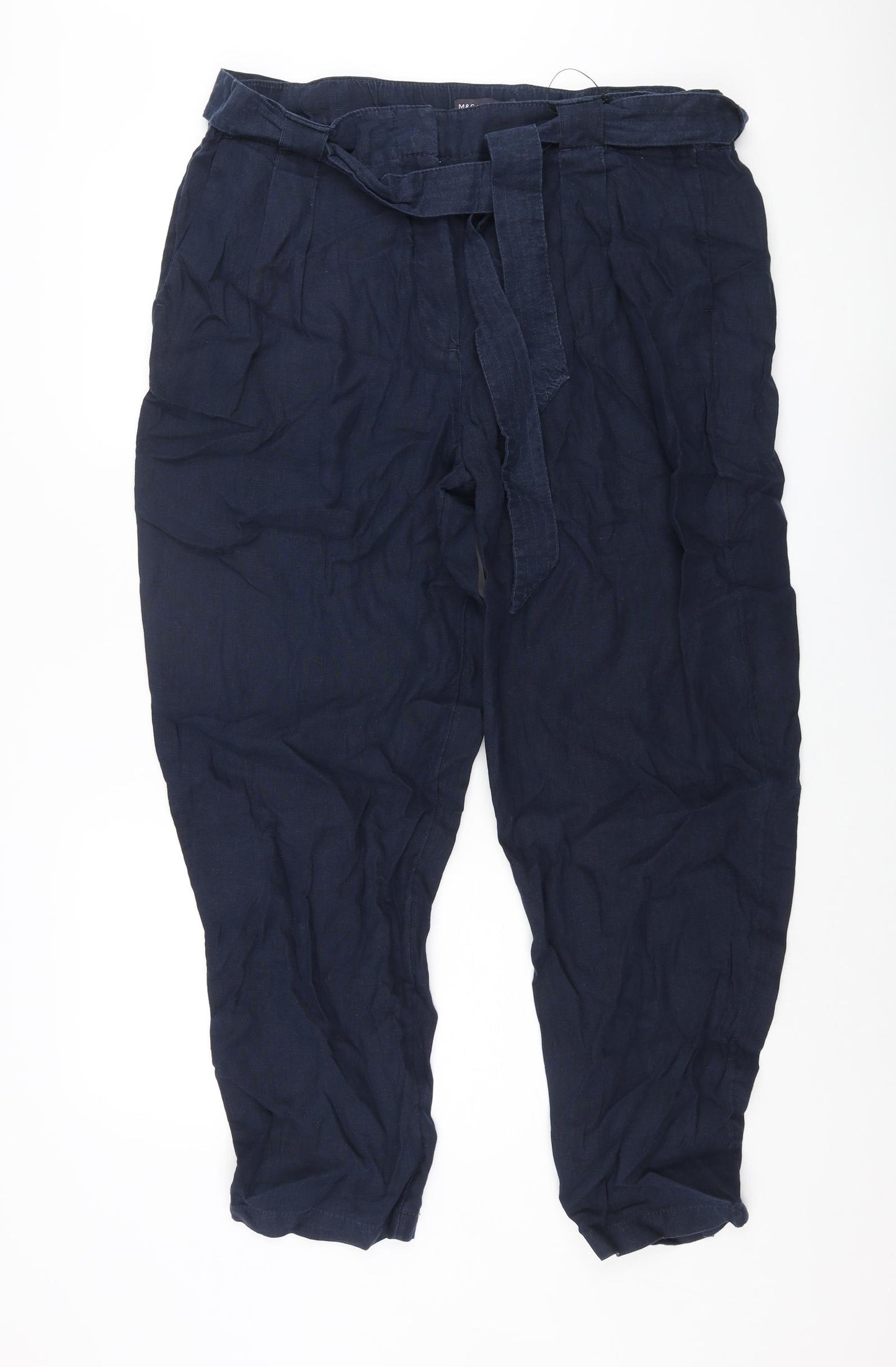 Marks and Spencer Womens Blue Linen Trousers Size 20 L30 in Regular Zip - Belted