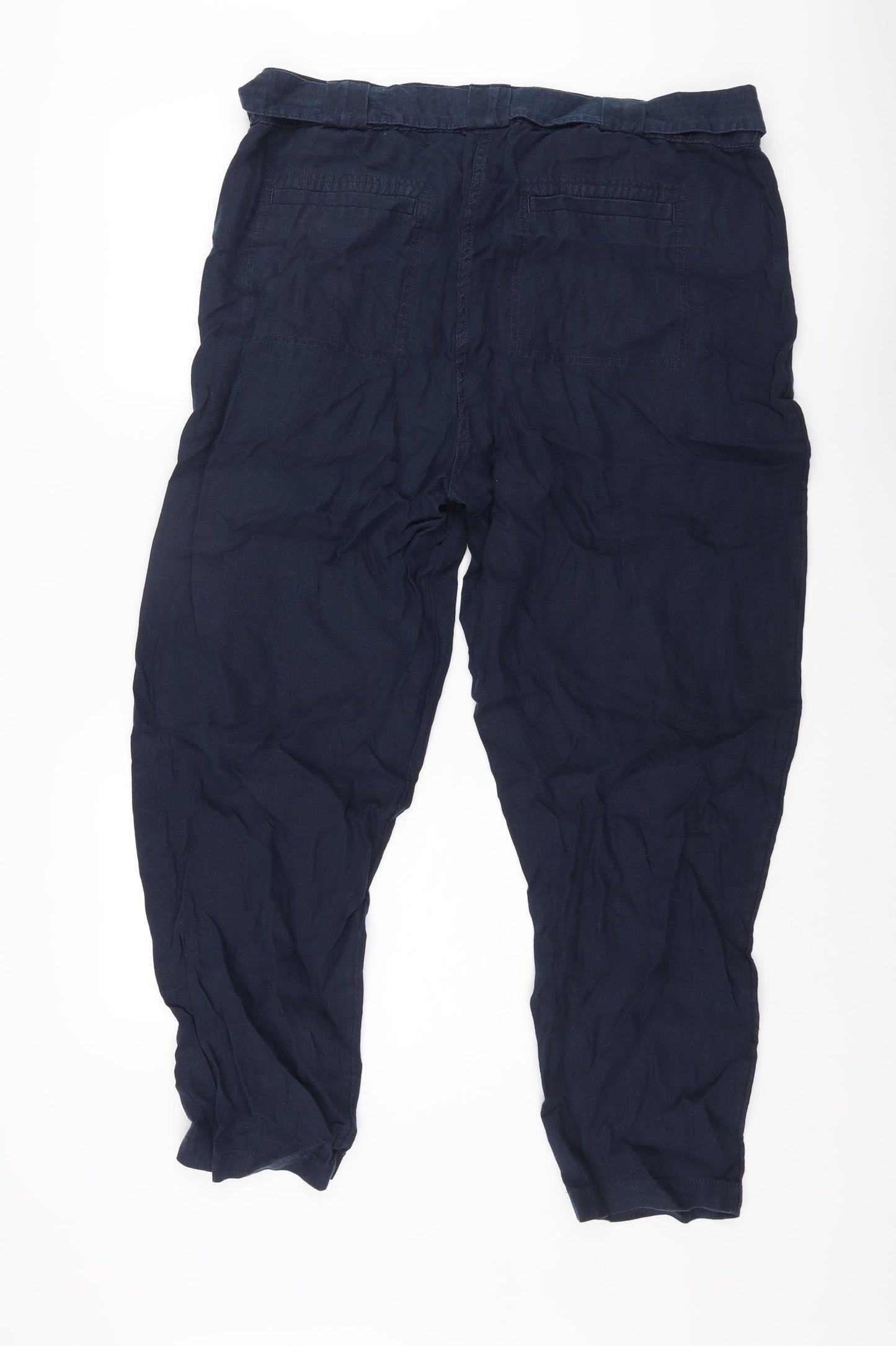 Marks and Spencer Womens Blue Linen Trousers Size 20 L30 in Regular Zip - Belted