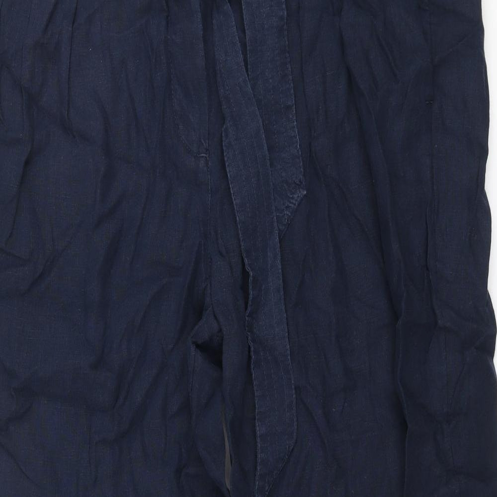 Marks and Spencer Womens Blue Linen Trousers Size 20 L30 in Regular Zip - Belted