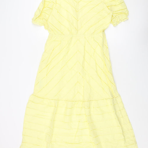 Marks and Spencer Womens Yellow Cotton A-Line Size 12 V-Neck Pullover - Geometric Cut Out