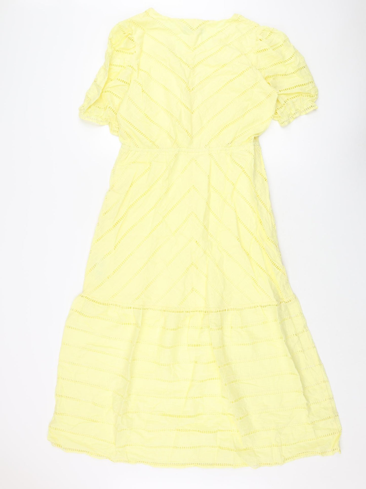 Marks and Spencer Womens Yellow Cotton A-Line Size 12 V-Neck Pullover - Geometric Cut Out