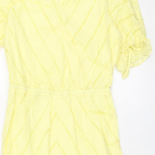 Marks and Spencer Womens Yellow Cotton A-Line Size 12 V-Neck Pullover - Geometric Cut Out