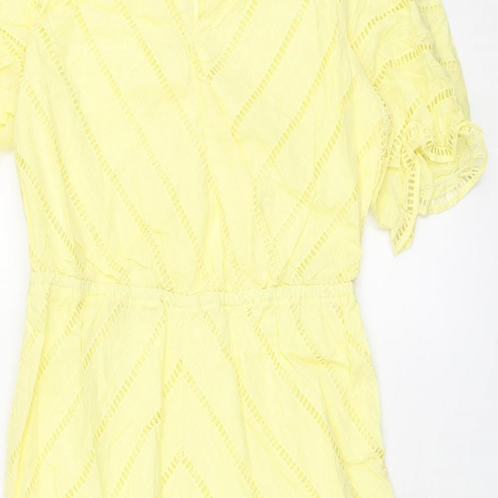 Marks and Spencer Womens Yellow Cotton A-Line Size 12 V-Neck Pullover - Geometric Cut Out