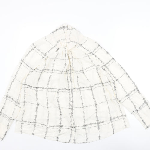 Jaeger Womens Ivory Check Silk Basic Blouse Size 14 Mock Neck