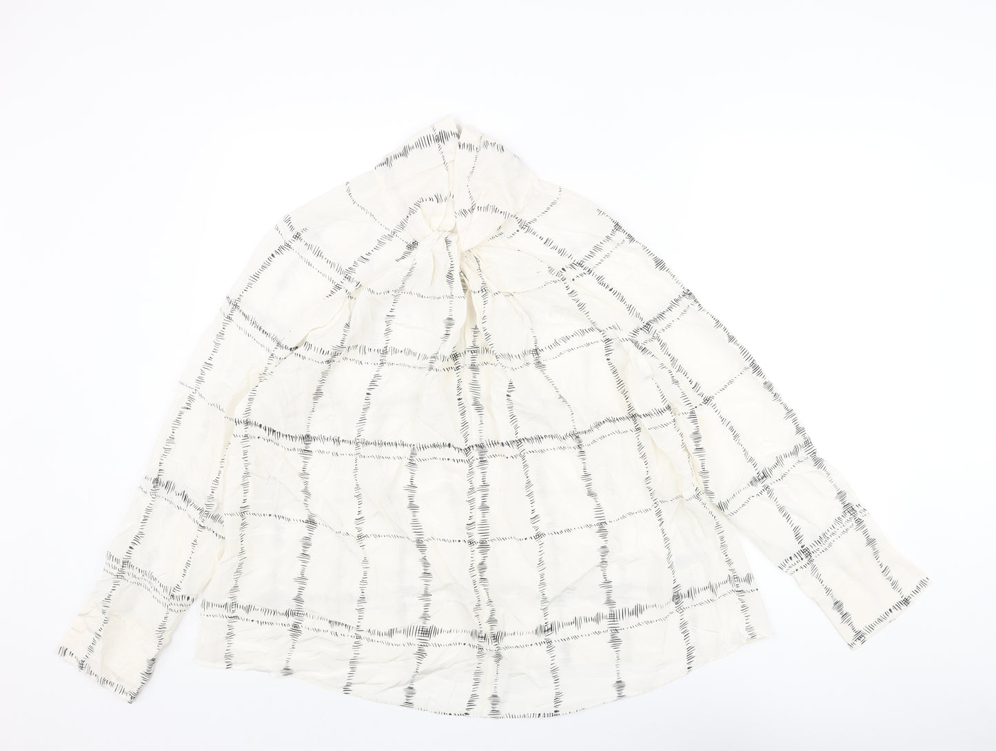 Jaeger Womens Ivory Check Silk Basic Blouse Size 14 Mock Neck