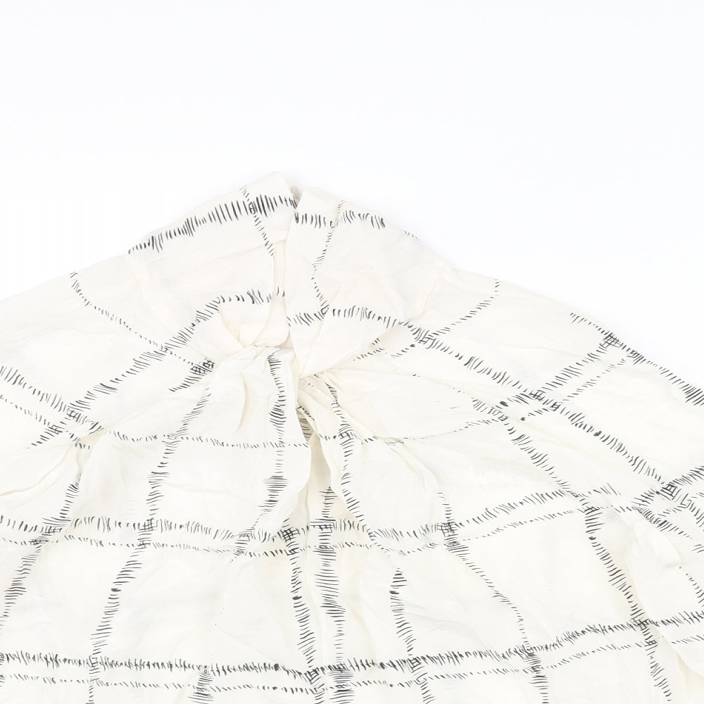 Jaeger Womens Ivory Check Silk Basic Blouse Size 14 Mock Neck