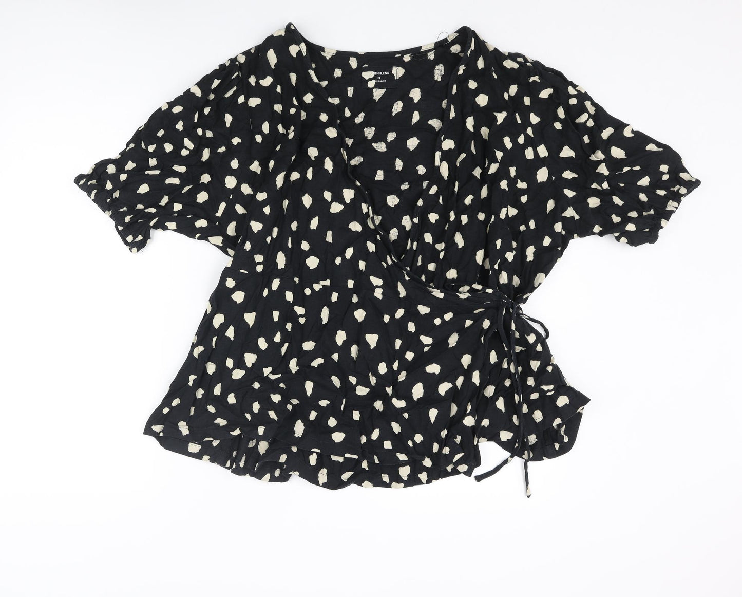 Marks and Spencer Womens Black Geometric Linen Wrap Blouse Size 22 V-Neck