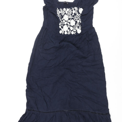 Marks and Spencer Womens Blue Cotton Shift Size 10 Scoop Neck Pullover - Floral Embroidery