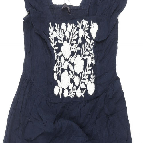 Marks and Spencer Womens Blue Cotton Shift Size 10 Scoop Neck Pullover - Floral Embroidery