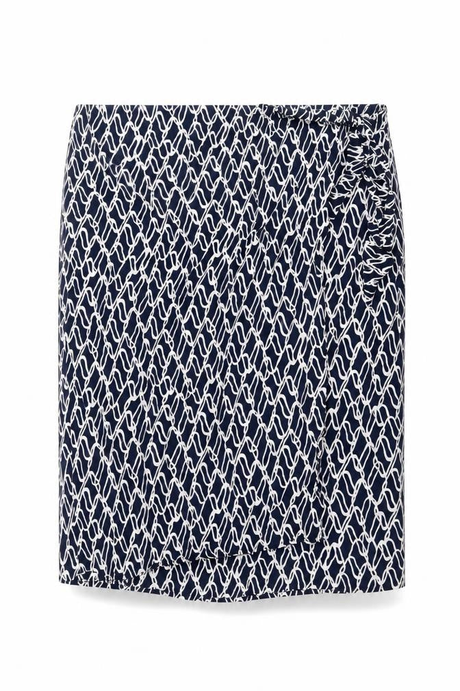 Front view of Autograph women’s blue geometric cupro wrap skirt, size UK 24, zip