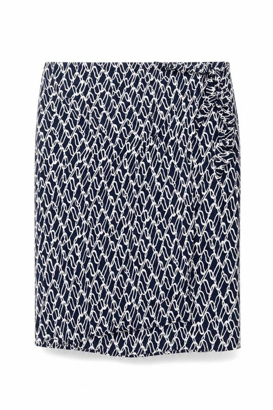 Front view of Autograph women’s blue geometric cupro wrap skirt, size UK 24, zip