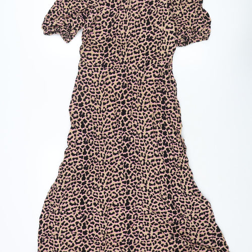 Marks and Spencer Womens Brown Animal Print Viscose Shift Size 12 Round Neck Zip - Leopard Print