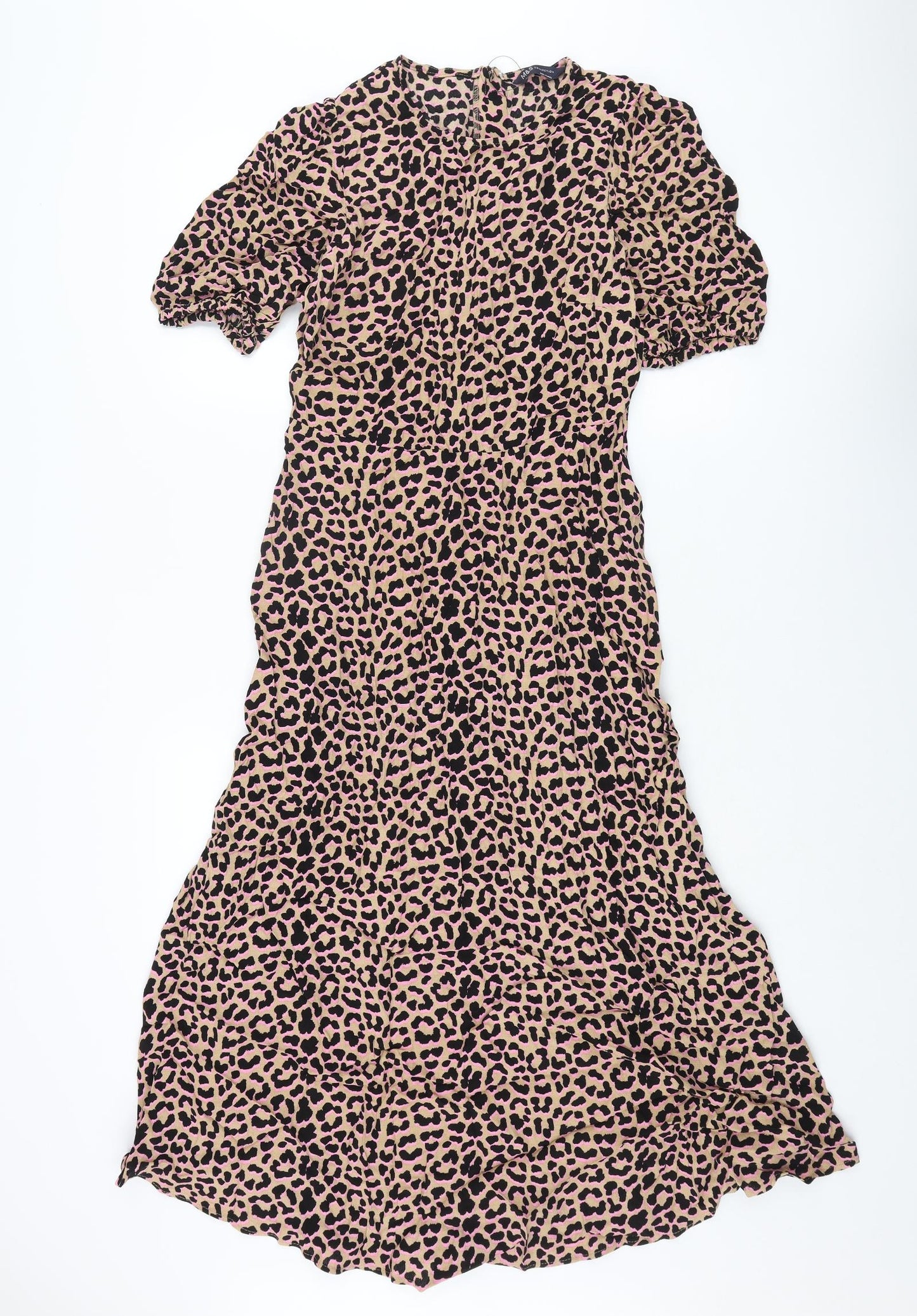 Marks and Spencer Womens Brown Animal Print Viscose Shift Size 12 Round Neck Zip - Leopard Print