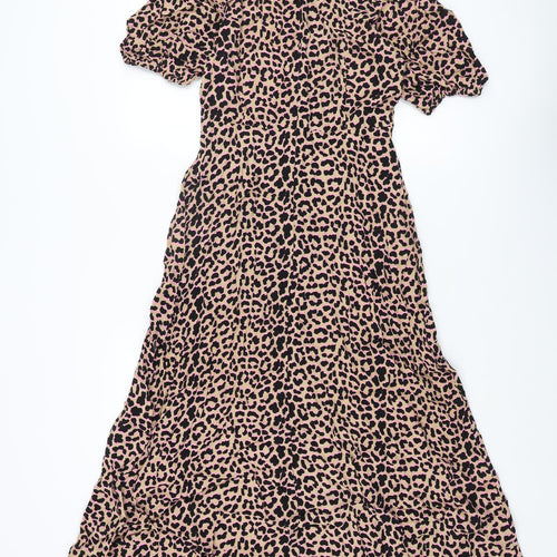 Marks and Spencer Womens Brown Animal Print Viscose Shift Size 12 Round Neck Zip - Leopard Print
