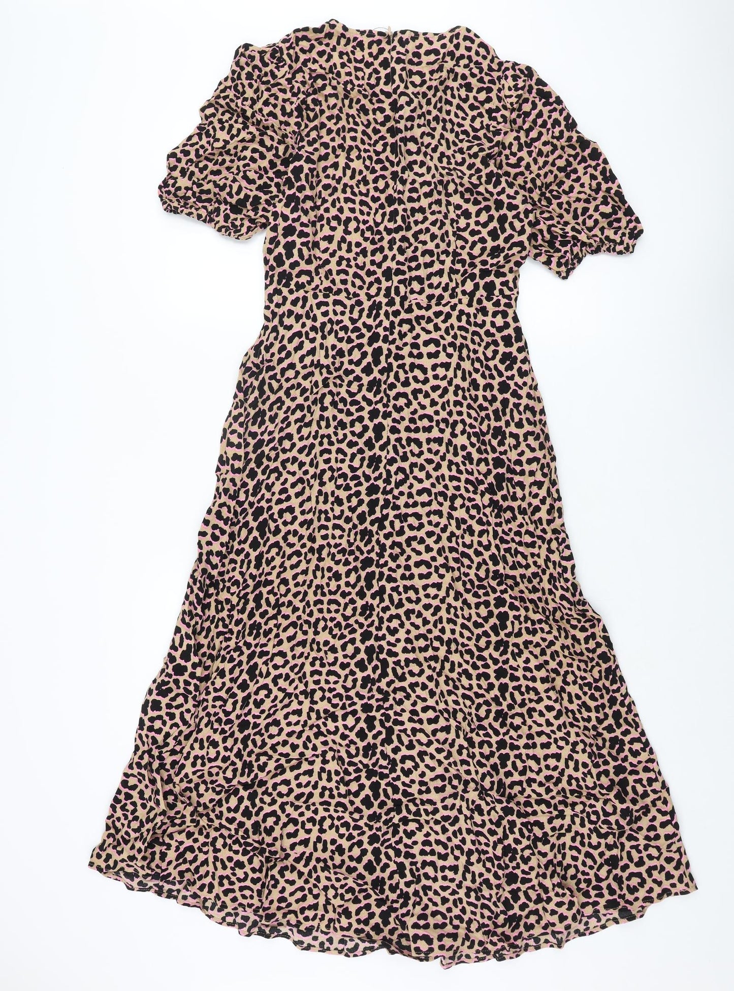 Marks and Spencer Womens Brown Animal Print Viscose Shift Size 12 Round Neck Zip - Leopard Print
