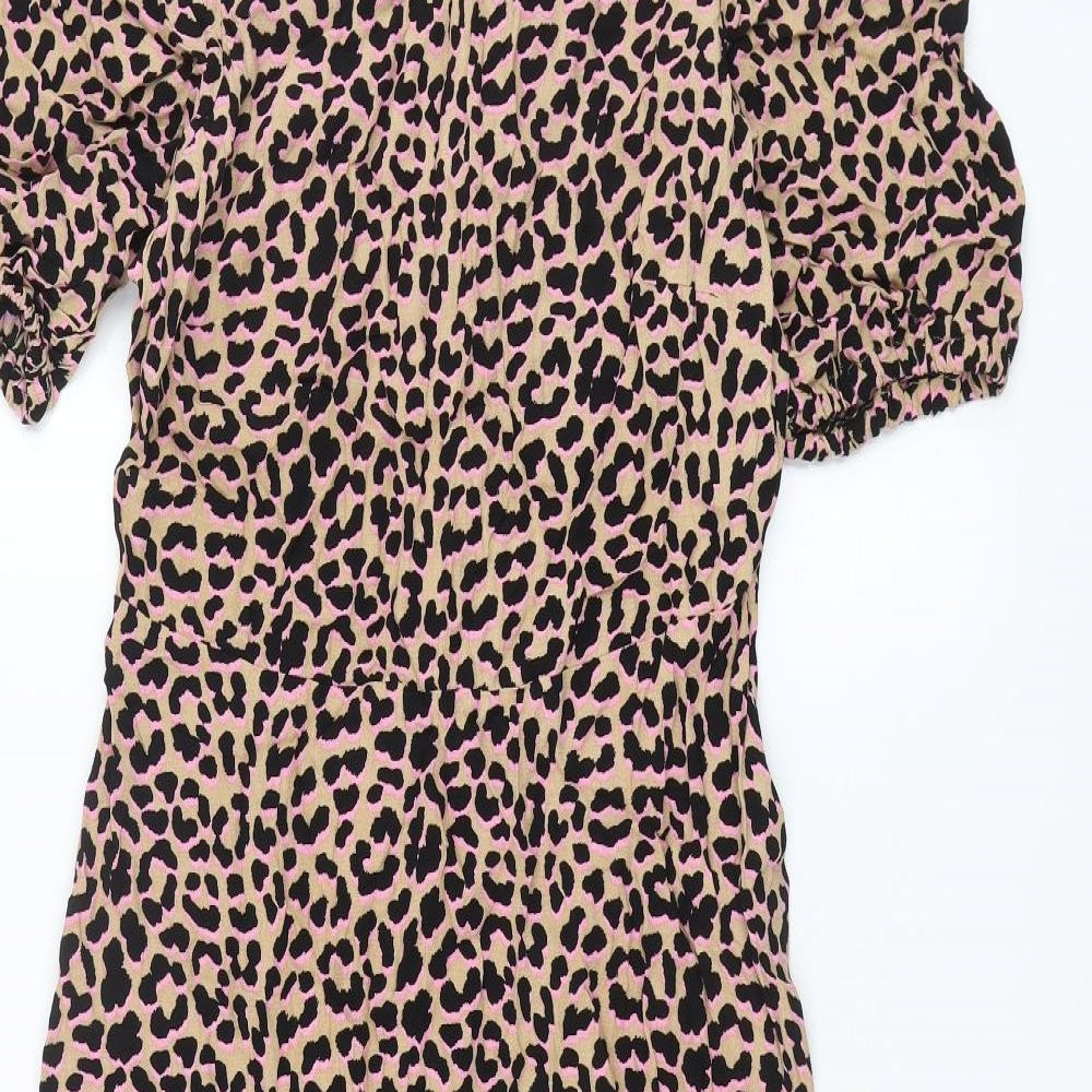 Marks and Spencer Womens Brown Animal Print Viscose Shift Size 12 Round Neck Zip - Leopard Print