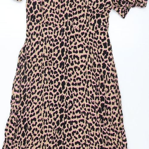 Marks and Spencer Womens Brown Animal Print Viscose Shift Size 12 Round Neck Zip - Leopard Print