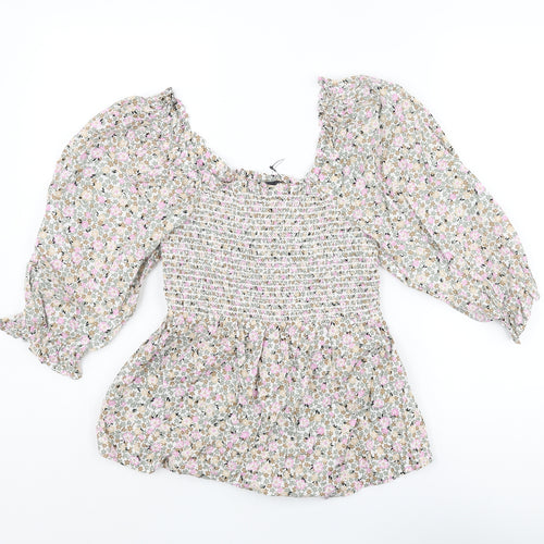 Marks and Spencer Womens Multicoloured Floral Cotton Basic Blouse Size 6 Scoop Neck - Rouched