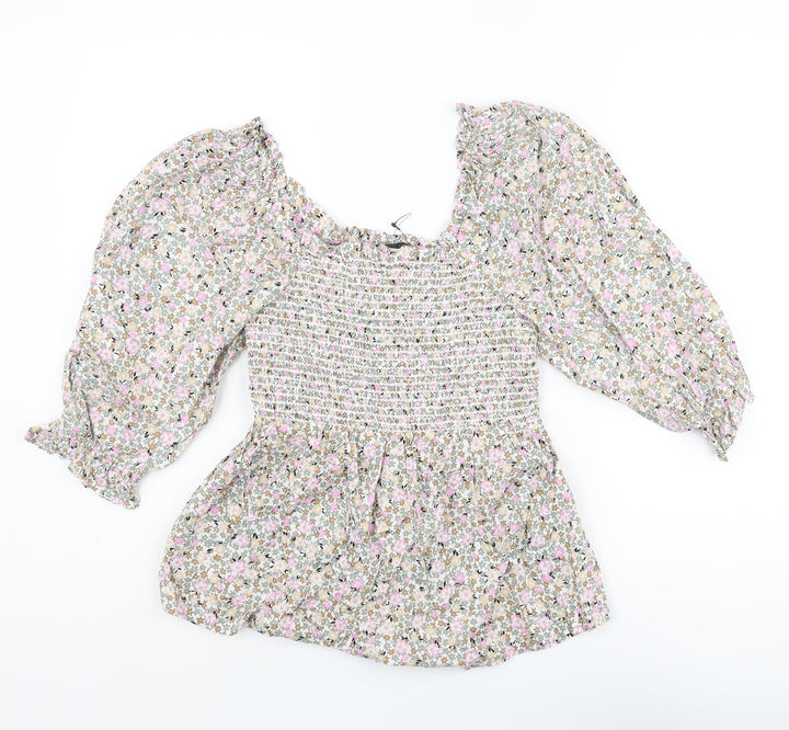 Marks and Spencer Womens Multicoloured Floral Cotton Basic Blouse Size 6 Scoop Neck - Rouched