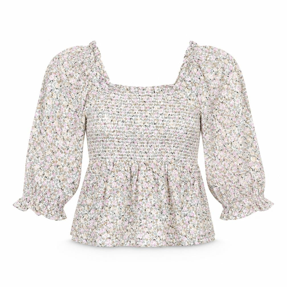 Front view of Marks & Spencer women’s multicoloured floral cotton basic blouse, size UK 6, scoop neck - rouched