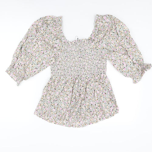 Marks and Spencer Womens Multicoloured Floral Cotton Basic Blouse Size 6 Scoop Neck - Rouched