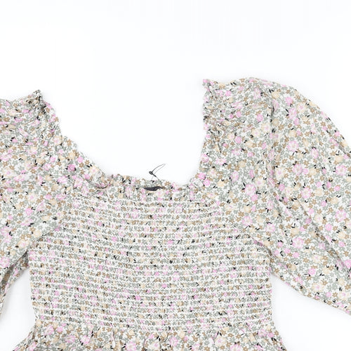 Marks and Spencer Womens Multicoloured Floral Cotton Basic Blouse Size 6 Scoop Neck - Rouched