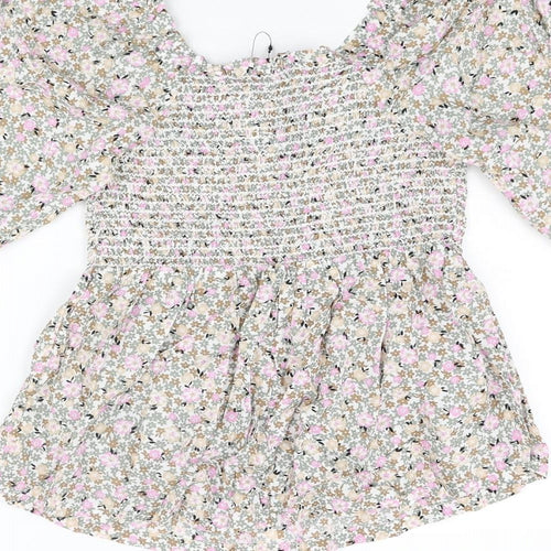 Marks and Spencer Womens Multicoloured Floral Cotton Basic Blouse Size 6 Scoop Neck - Rouched
