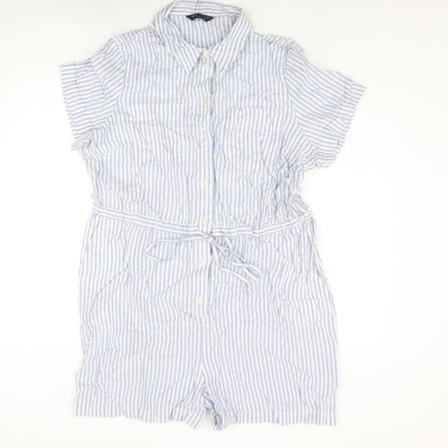 Marks and Spencer Womens Blue Striped Linen Romper One-Piece Size 16 L3 in Button - Drawstring Waist