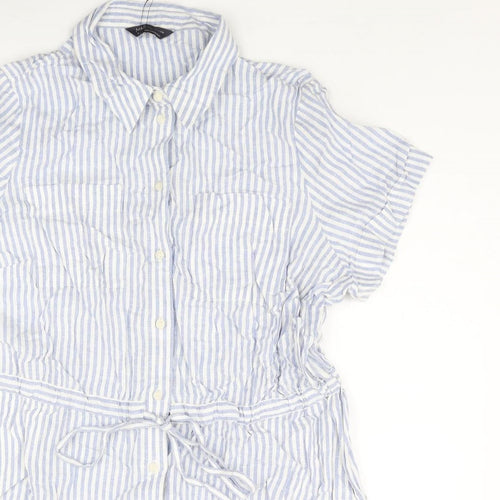 Marks and Spencer Womens Blue Striped Linen Romper One-Piece Size 16 L3 in Button - Drawstring Waist