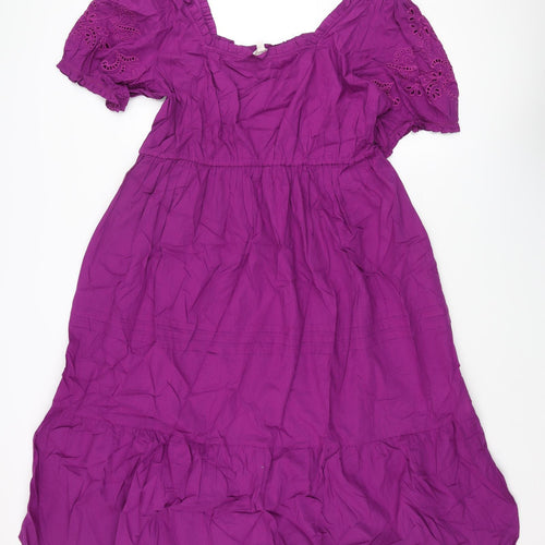 Per Una Womens Purple Cotton Shift Size 18 Scoop Neck Pullover - Smocked Lace Detail