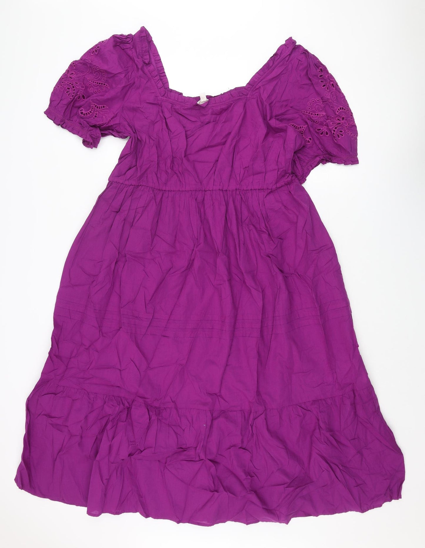 Per Una Womens Purple Cotton Shift Size 18 Scoop Neck Pullover - Smocked Lace Detail
