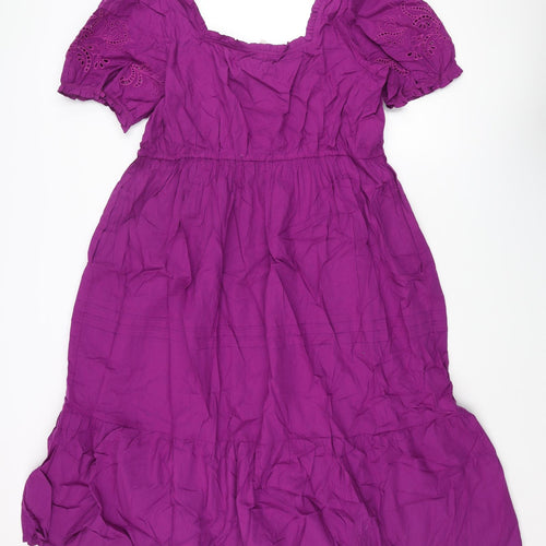 Per Una Womens Purple Cotton Shift Size 18 Scoop Neck Pullover - Smocked Lace Detail