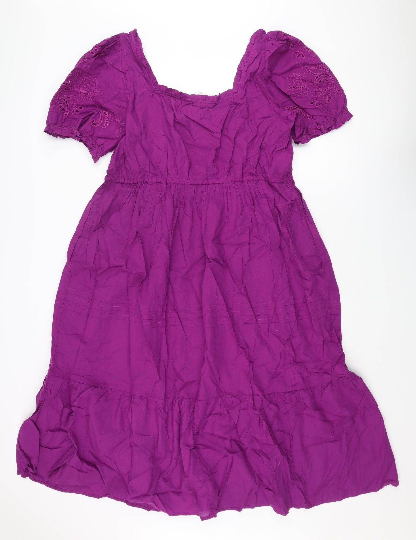 Per Una Womens Purple Cotton Shift Size 18 Scoop Neck Pullover - Smocked Lace Detail