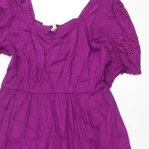 Per Una Womens Purple Cotton Shift Size 18 Scoop Neck Pullover - Smocked Lace Detail
