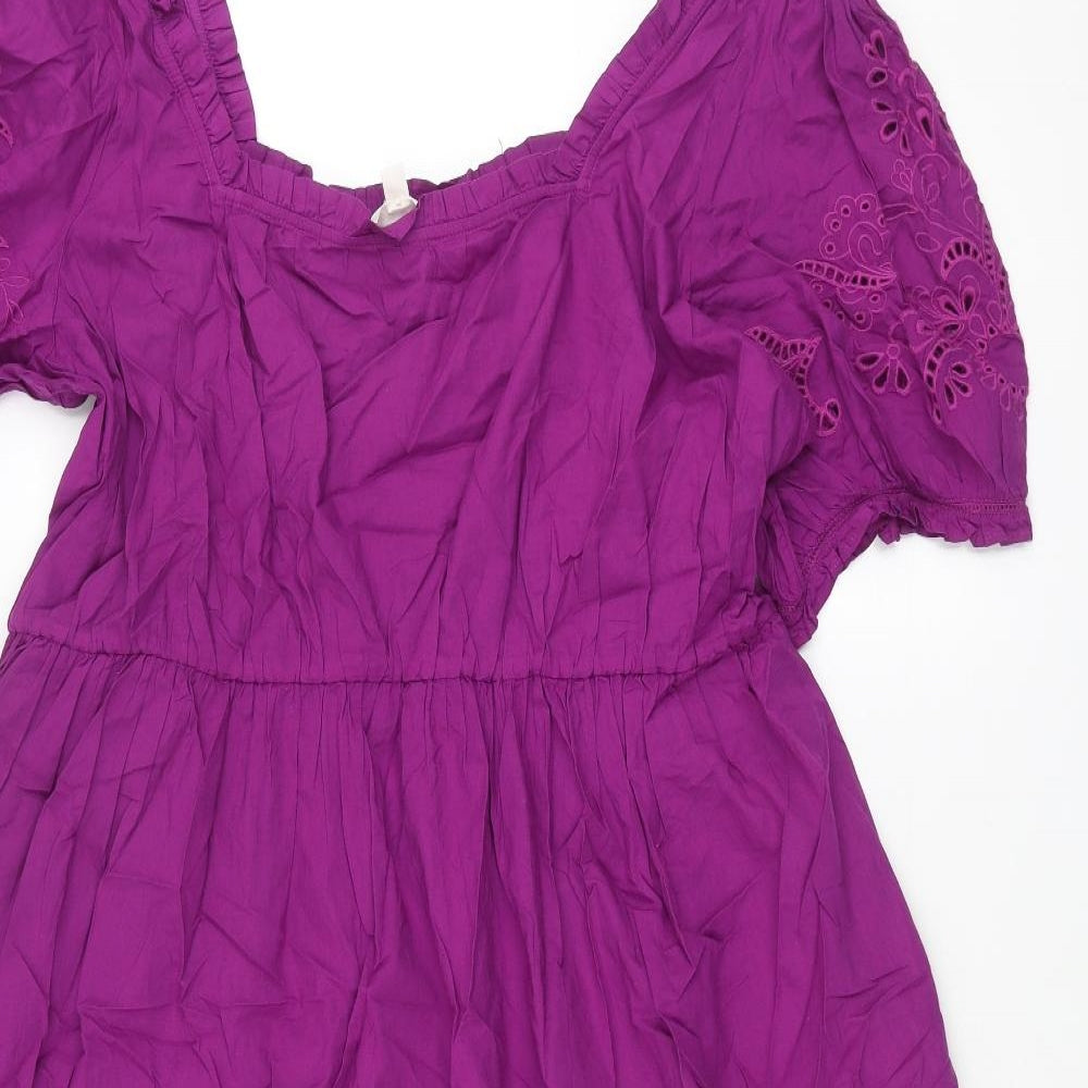 Per Una Womens Purple Cotton Shift Size 18 Scoop Neck Pullover - Smocked Lace Detail