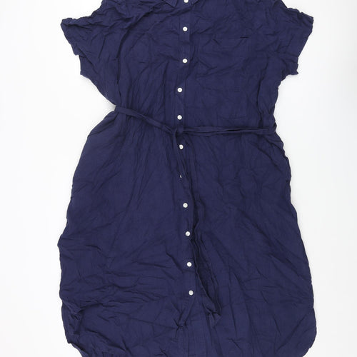 Marks and Spencer Womens Blue Linen Shirt Dress Size 22 Collared Button - Belted