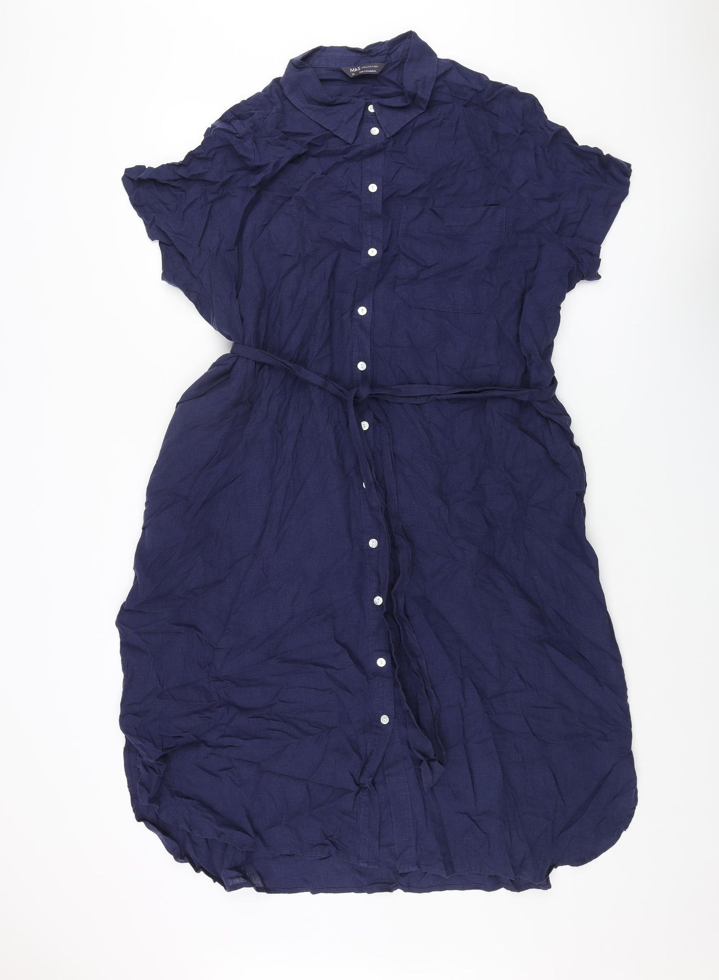 Marks and Spencer Womens Blue Linen Shirt Dress Size 22 Collared Button - Belted