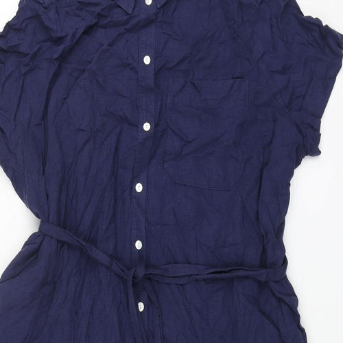 Marks and Spencer Womens Blue Linen Shirt Dress Size 22 Collared Button - Belted