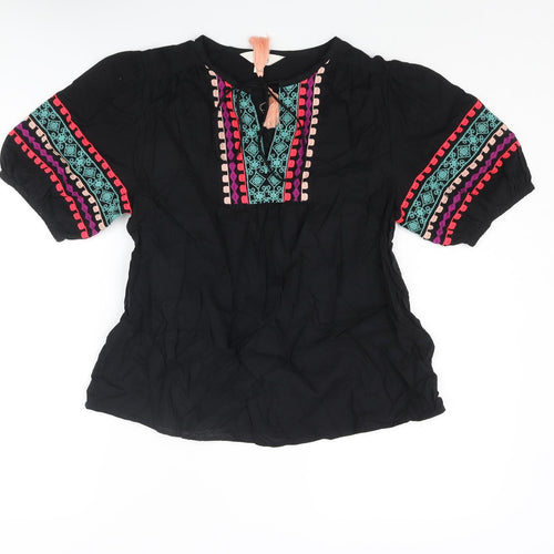 Marks and Spencer Womens Black Cotton Basic Blouse Size 6 V-Neck - Embroidered Tassle