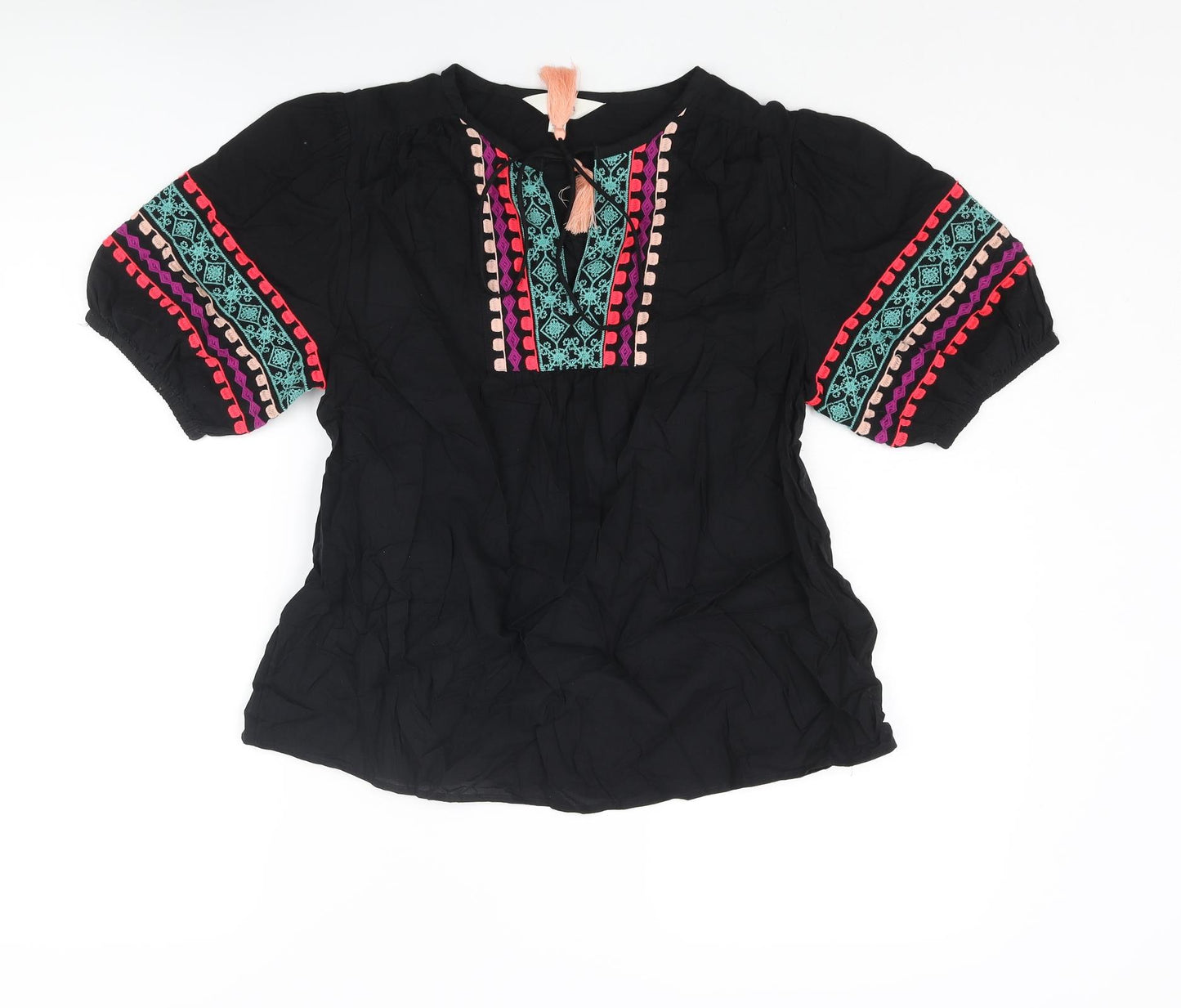 Marks and Spencer Womens Black Cotton Basic Blouse Size 6 V-Neck - Embroidered Tassle