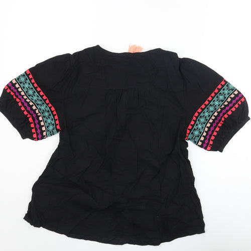 Marks and Spencer Womens Black Cotton Basic Blouse Size 6 V-Neck - Embroidered Tassle