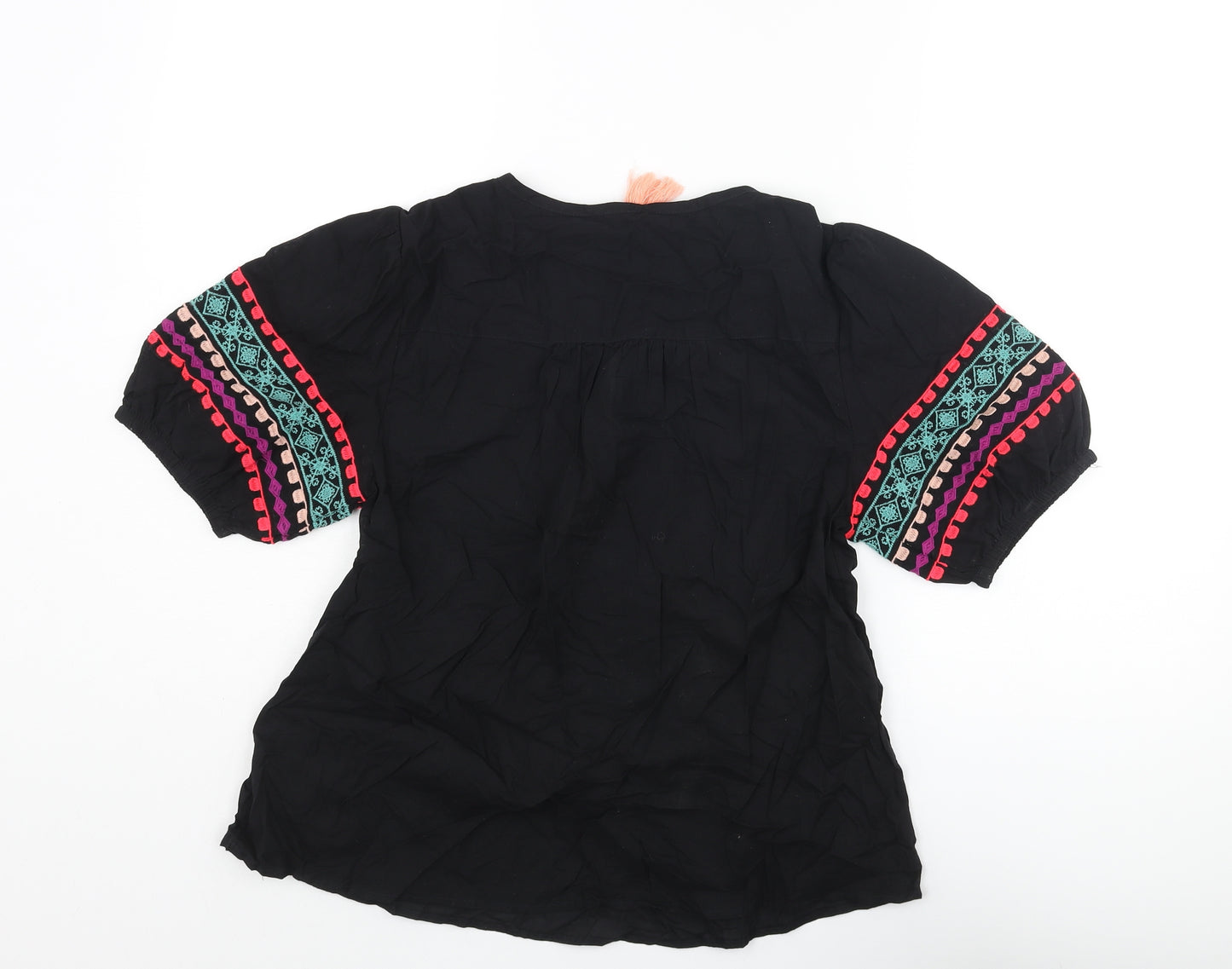 Marks and Spencer Womens Black Cotton Basic Blouse Size 6 V-Neck - Embroidered Tassle