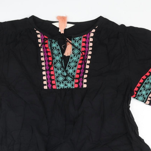 Marks and Spencer Womens Black Cotton Basic Blouse Size 6 V-Neck - Embroidered Tassle