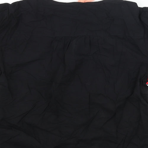 Marks and Spencer Womens Black Cotton Basic Blouse Size 6 V-Neck - Embroidered Tassle