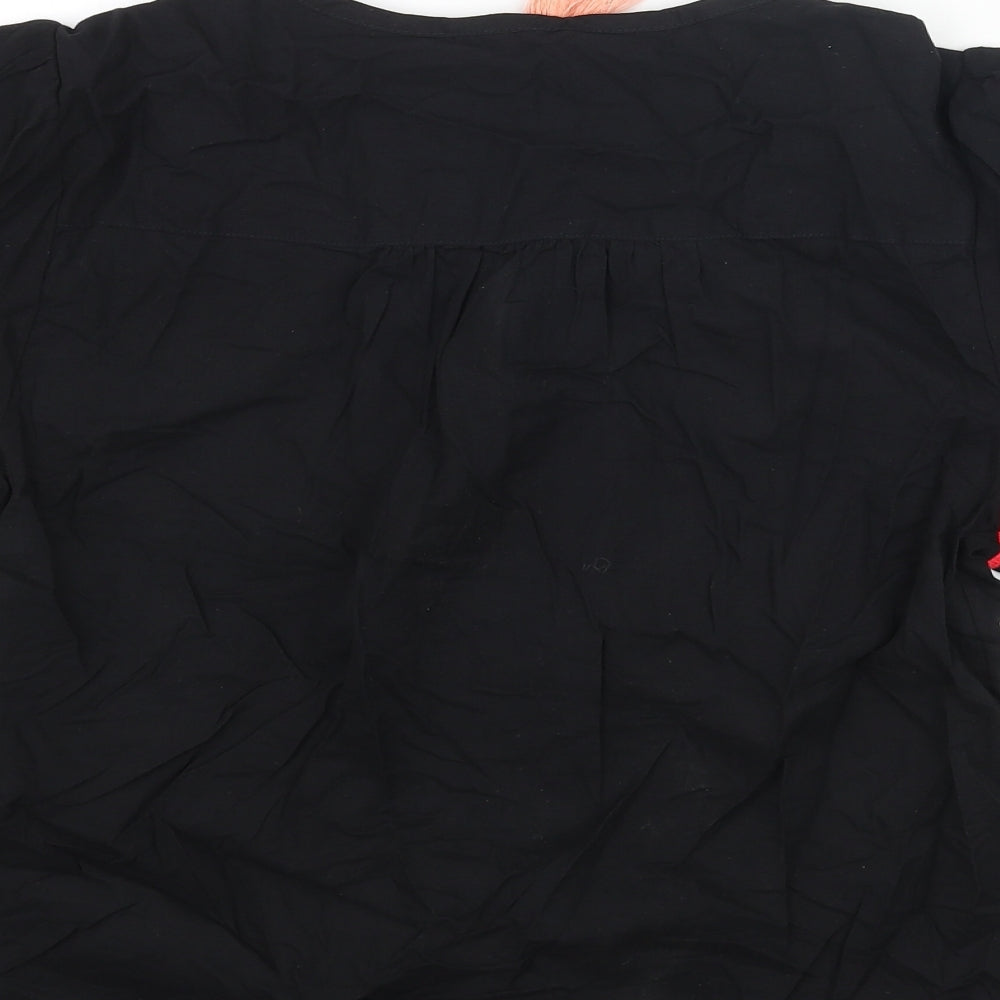 Marks and Spencer Womens Black Cotton Basic Blouse Size 6 V-Neck - Embroidered Tassle