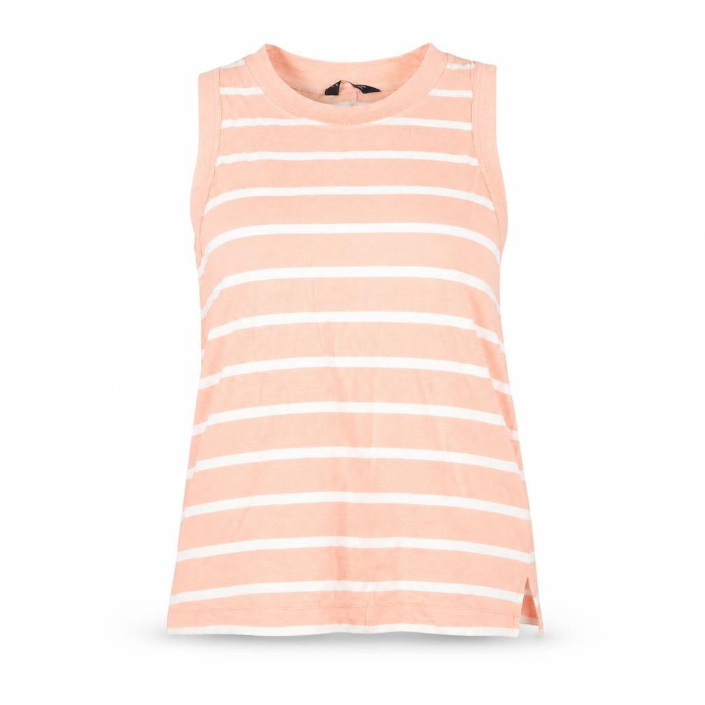 Front view of Marks & Spencer women’s pink striped cotton basic tank, size UK 10, round neck