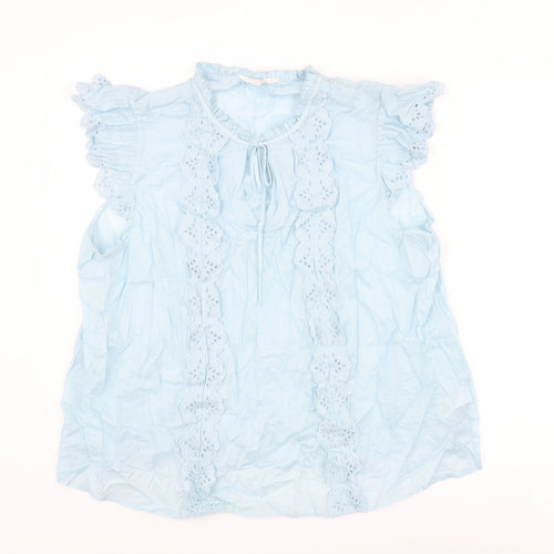 Marks and Spencer Womens Blue Cotton Basic Blouse Size 22 Round Neck - Lace Trim