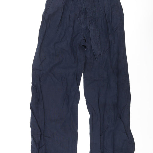 Marks and Spencer Womens Blue Linen Trousers Size 10 L30 in Regular Zip - Belted